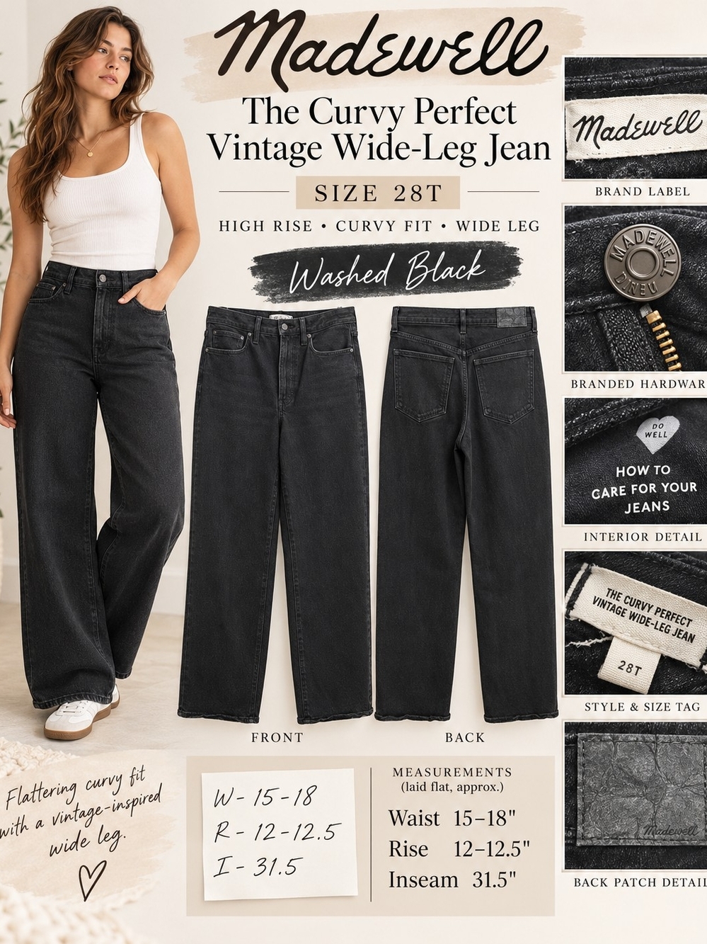 Madewell Curvy Perfect Vintage Wide Leg Jeans 28T Tall Black High Rise